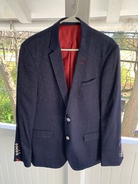 Navy Sport Coat “Socrate” Navy Blazer With Red/Paint Splatter Lining Size 42/4